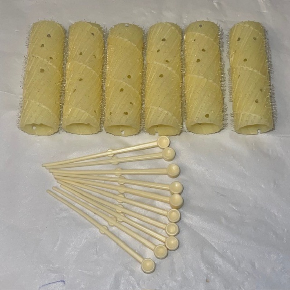 Vintage 60s Cream Brush Hair Rollers & Picks 16Pc Set Retro Beauty Vanity Tools